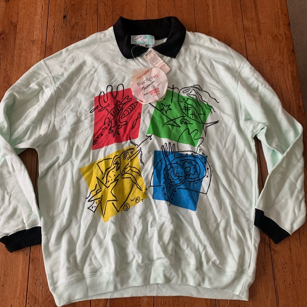 1980s Vintage SWATCH Watch AD Abstract Logo Sweatshirt Size Osfa RARE DEADSTOCK